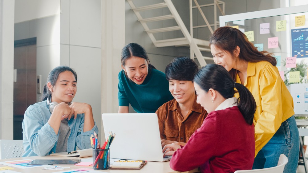 Multiracial Group Young Creative People Smart Casual Wear Discussing Business Brainstorming Meeting Ideas Mobile Application Software Design Project Modern Office Coworker Teamwork